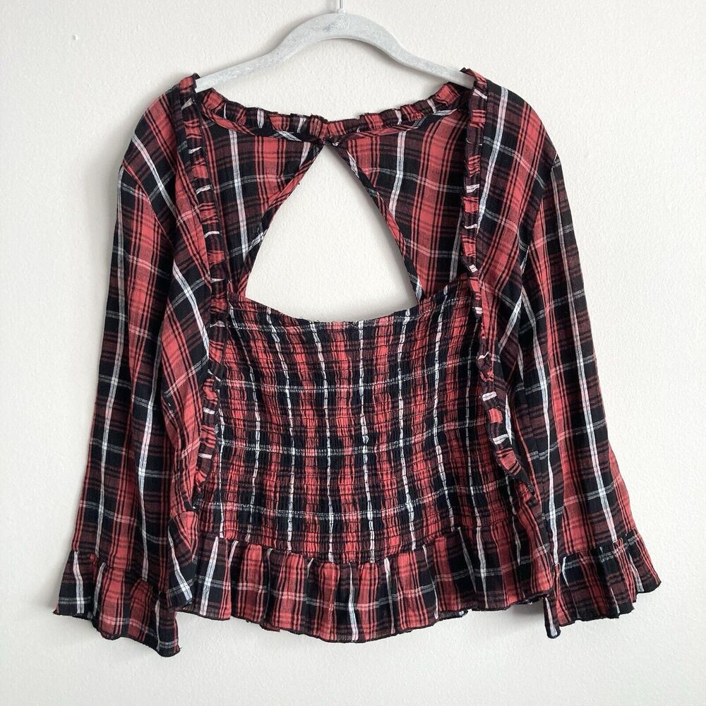 Free People Nicole Smocked Plaid Top Red Black Cropped Open Back Size Medium - Picture 1 of 11